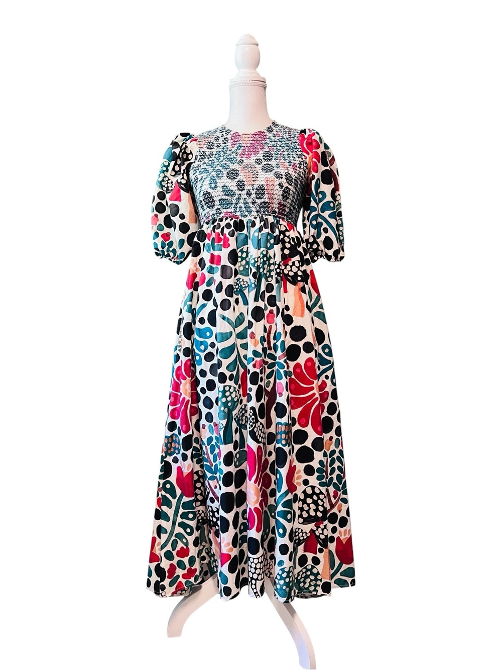 FARM Rio Multicolor Mushroom Forest Puff-Sleeve Maxi Dress Size XS NWT